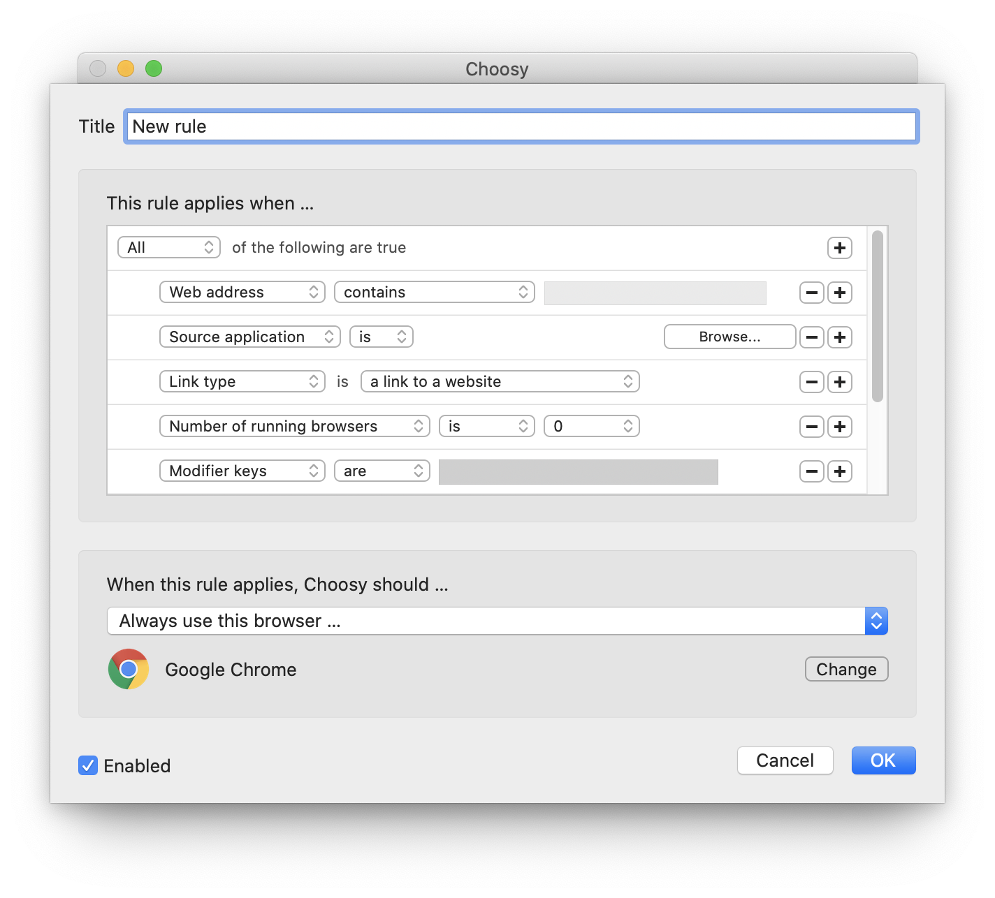 A screenshot of Choosy's rule editing interface